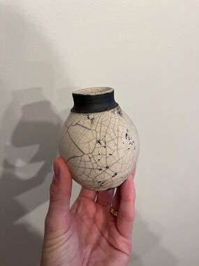 Handcrafted Crackle Glaze Ceramic Vase - Black and Cream
